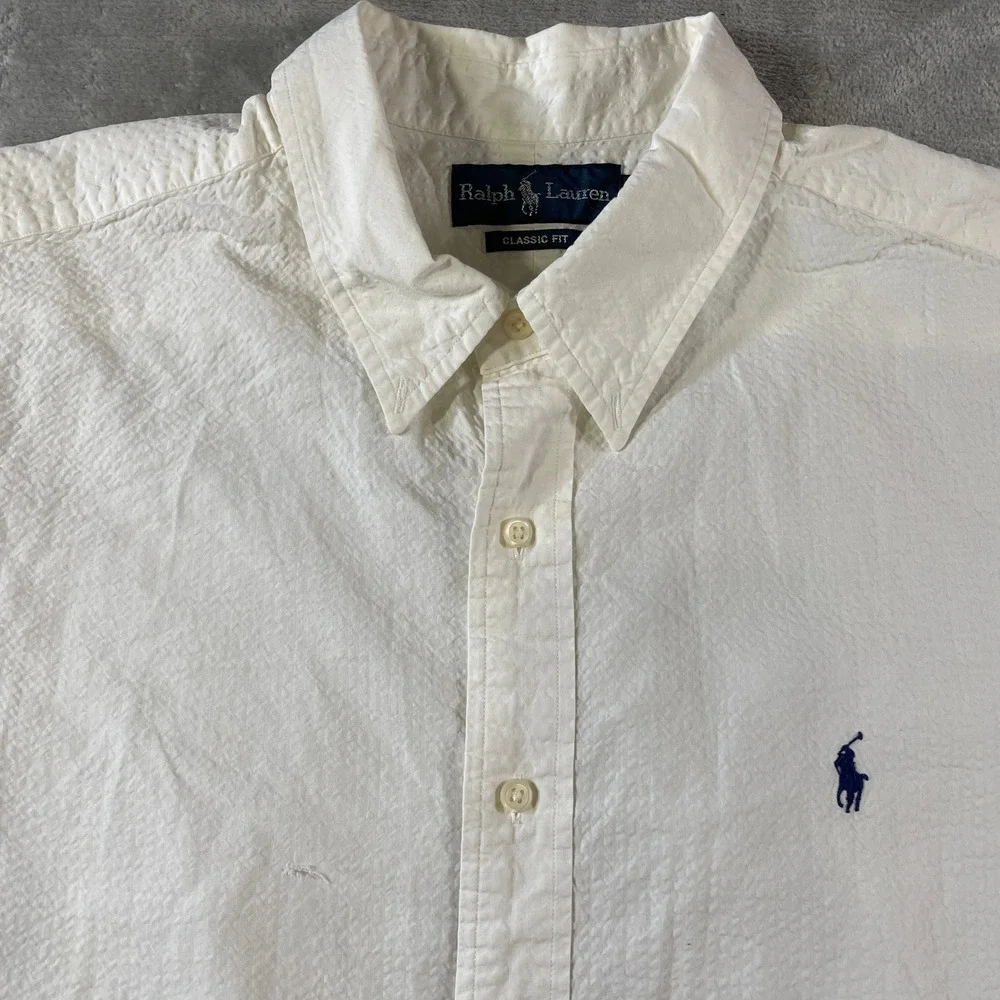 Ralph Lauren Seersucker Shirt Mens XXL White Button Classic Fit Summer Beach